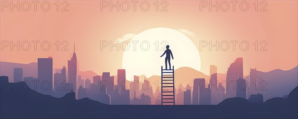 Vector illustration of a person going upstairs as symbol for self growth and personal development, AI generated