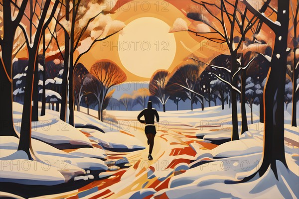 Wallpaper illustration of a jogger running through a park in winter with snow covered trees, AI generated
