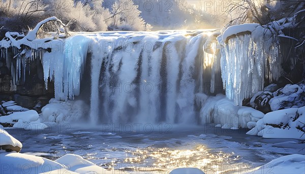 Winter landscape of a frozen waterfall, surrounded by icicles and snow-covered rocks, with the sunlight reflecting off the ice to create a sparkling effect, AI generated