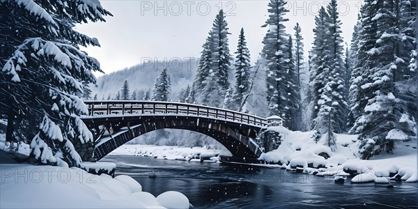 Serene scene of a snow-covered bridge arching over a frozen river, with softly falling snowflakes and tall, snow-laden pine trees on either side, AI generated