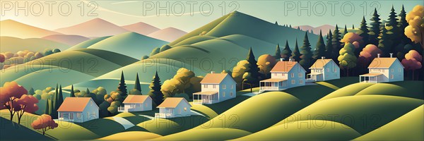 Landscape set in paper art style featuring houses tucked between verdant trees and rolling hills, AI generated