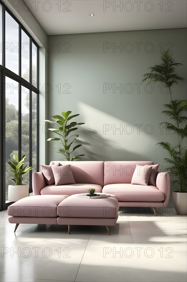 Minimalist living room with clean lines and neutral tones, featuring a modern pink colored sofa, AI generated