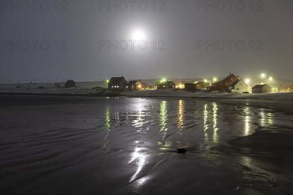 Full moon, moonlight, village, houses, snow, sea, coast, winter, Ekkeroy, Varanger Peninsula, Norway, Europe