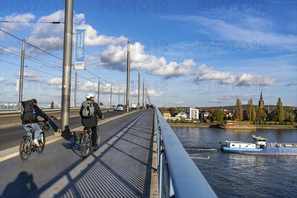 Traffic on the Kennedy Bridge, middle of the 3 Rhine bridges in Bonn, connects the centre of Bonn and the district of Beuel, federal road B56, light rail lines and footpaths and cycle paths, Bonn North Rhine-Westphalia, Germany, Europe