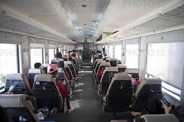 Train compartment of the state railway line from the inside, Hanoi, Vietnam, Asia