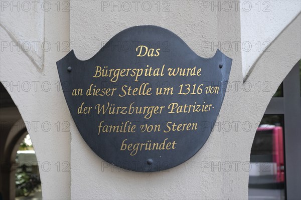 Information board at the historic Bürgerspital, Theaterstraße 19, Würzburg, Lower Franconia, Bavaria, Germany, Europe