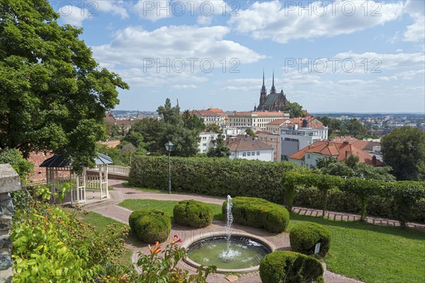 View of a cathedral surrounded by residential buildings and green areas on a sunny day, view from Spielberg Park to the old town centre with the Gothic Catholic Cathedral of St. Peter and Paul, Brno, Brno, Jihomoravský kraj, Moravia, Czech Republic, Europe