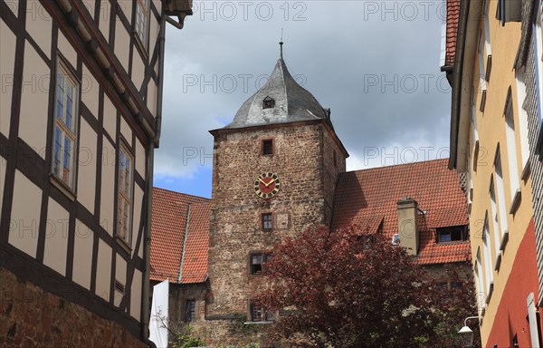 View of the tower of the Vorderburg, Schlitz, small town in the east of the Vogelsberg district in central Hesse, Hesse, Germany, Europe