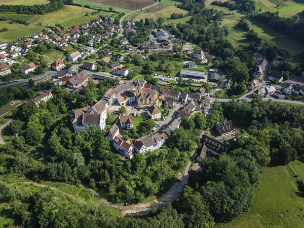 Aerial view of flower field, district of the southern Baden town of Tengen with flower field Castle and the parish church of St Michael, Hegau, district of Constance, Baden-Württemberg, Germany, Europe