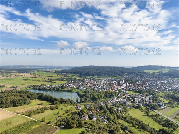 Aerial view of the municipality of Steißlingen with the natural bathing lake Steißlinger See, Hegau, district of Constance, Baden-Württemberg, Germany, Europe