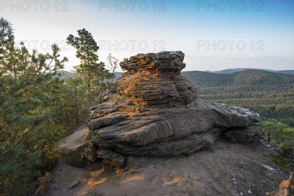 Sandstone rocks, Rötzenfelsen, sunrise, Gossersweiler-Stein, Palatinate Forest, Palatinate Forest, Rhineland-Palatinate, Germany, Europe