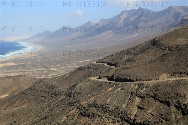 Viewpoint to Cofete beach Atlantic Ocean coast, Jandia peninsula, Fuerteventura, Canary Islands, Spain, Europe