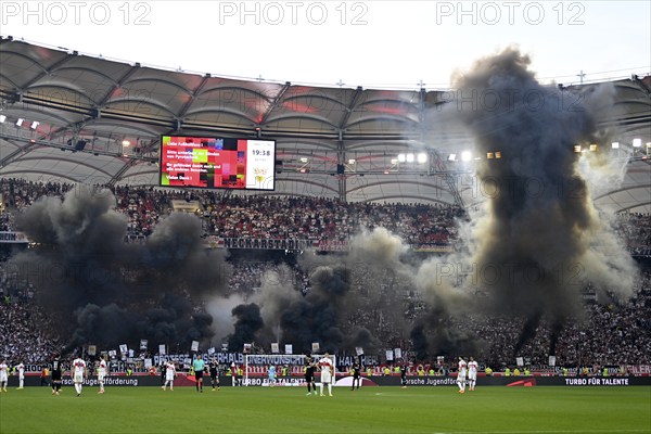 So-called black curve, dark, black clouds of smoke, protest, Ultras, Cannstatter Kurve, Bengalos, threatening, gloomy, MHPArena, MHP Arena Stuttgart, Baden-Württemberg, Germany, Europe