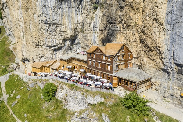 Ebenalp, Guest house Aescher, Wildkirchli under the Ascher cliff, aerial view, Ebenalp, Appenzell, Switzerland, Europe