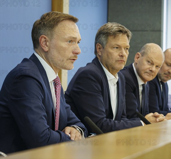 Christian Lindner (FDP), Federal Minister of Finance, Olaf Scholz (SPD), Federal Chancellor, and Robert Habeck (Alliance 90/The Greens), Federal Minister for Economic Affairs and Climate Protection and Vice-Chancellor, present the 2025 budget at the BPK. Berlin, 05.07.2024. Photographed on behalf of the Federal Ministry of Finance