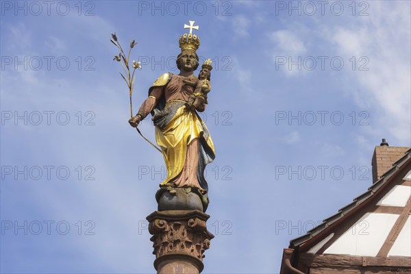 Marian Column, landmark of Buchen and its surroundings, known as the Madonna Land. Baroque column with Corinthian chapter. Town view of Buchen in the Odenwald, Baden-Württemberg, Germany, Europe