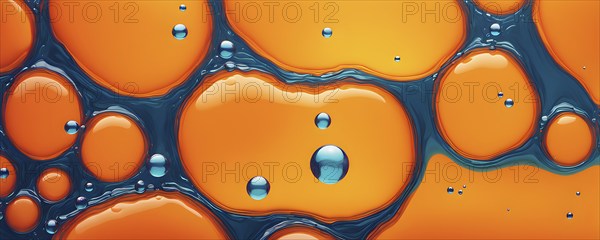 Illustration of oil and water bubbles floating serenely juxtaposed against a vivid orange background, AI generated