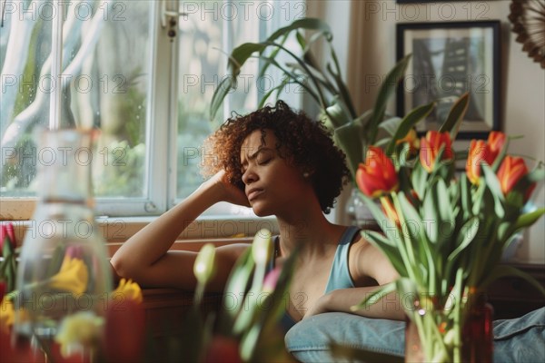 A young woman sits tired and sleepy at a table next to a vase of red flowers in front of a window, a symbolic image for springtime tiredness, AI generated, AI generated, AI generated