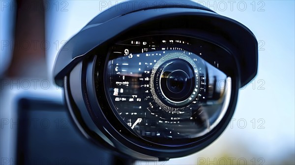 AI generated close up on security camera cyber hackers face digitally imposed on the lens symbolizing surveillance
