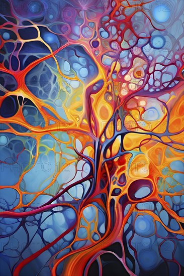 Abstract representation of neural networks modeled after the human brain with intricate web-like patterns and connections, AI generated