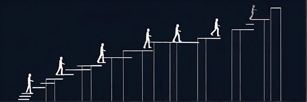 Vector illustration of a person going upstairs as symbol for self growth and personal development, AI generated