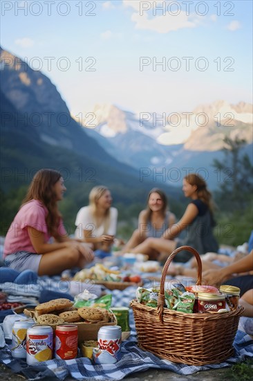 Picnic scene with healthy food and snacks in a mountain scenery, AI generated