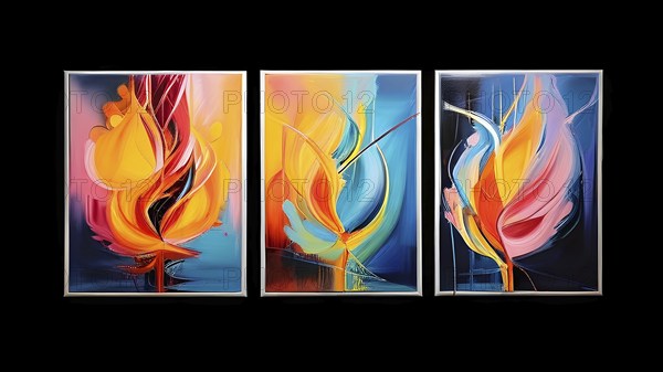Trio of abstract hand painted oil paintings with vibrant color lines for wall decoration, AI generated