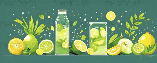 Abstract wallpaper composition with bottle of delicious green detox juice and fruits and vegetables, AI generated