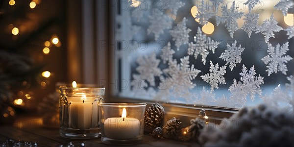 Snow-covered window with frost patterns, candlelight softly glowing through the glass, and warm, blurry Christmas lights in the background, AI generated