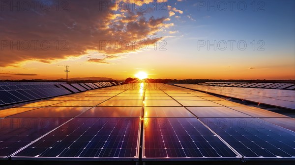 Close up of solar energy panels with sunset sun in background, AI generated