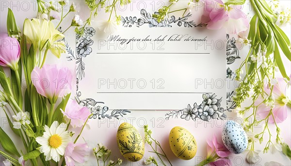 Easter card with delicate hand-drawn illustrations, placed among fresh flowers and decorated eggs, empty space for text, AI generated