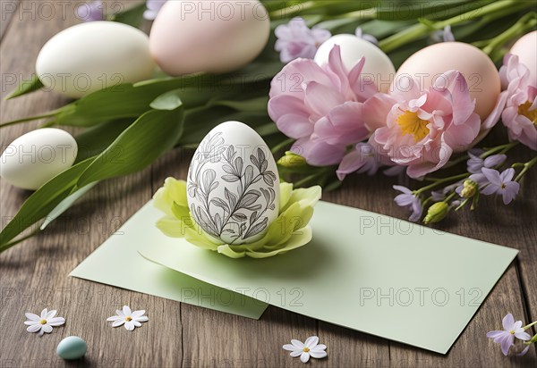 Easter card with delicate hand-drawn illustrations, placed among fresh flowers and decorated eggs, empty space for text, AI generated