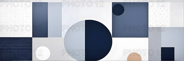 Minimalist composition of overlapping geometric shapes, such as circles, squares, and triangles, with clean lines and muted pastel colors, AI generated