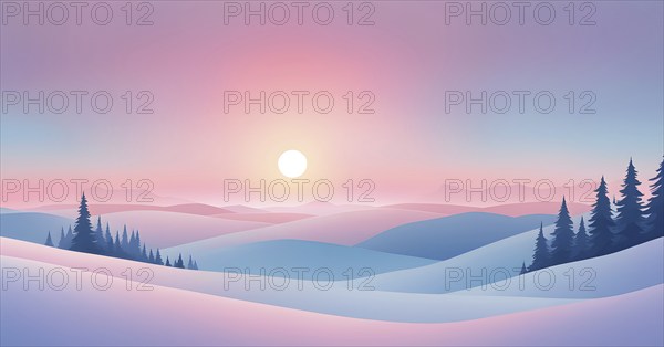 Illustration of a cold winter sunrise, represented by a minimalist gradient of soft pastel pinks and blues over a smooth, snow-covered horizon, AI generated