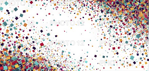 Abstract New Years Eve confetti explosion, with minimalist colored squares and circles falling through an empty white background, AI generated