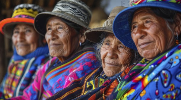 Smiling native indigenous people of Ecuador and South America, dressed in colorful native clothes, AI generated