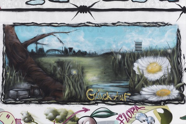 Graffito on the theme of renaturalised landscape in the Ruhr area, Glück auf, Duisburg-Neuenkamp, North Rhine-Westphalia, Germany, Europe