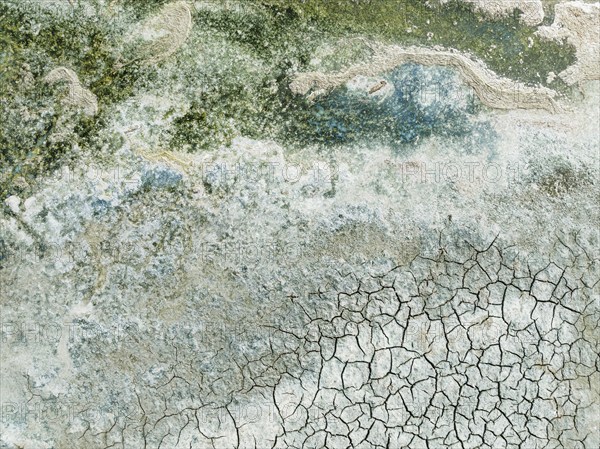 Detail of salt marshes near Sanlúcar de Barrameda. Aerial view. Drone shot. Cádiz province, Andalusia, Spain, Europe