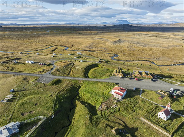 Mödrudalur farm and guesthouse northwest of Egilsstadir, aerial view of church, restaurant and campsite, Iceland, Europe