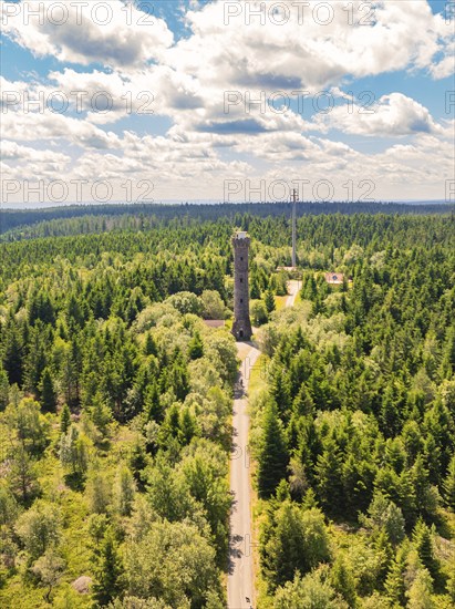 A narrow path leads to an observation tower, surrounded by dense forest and a blue sky with white clouds, Kaltenbronn, Hohlohturm, Black Forest, Germany, Europe