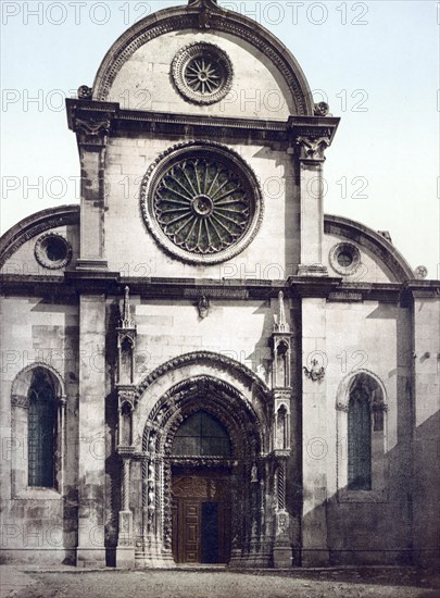 Sedenica. Facciata del Duomo, Cathedral of St James is the most important building in Sibenik in the Croatian county of Sibenik-Knin in Dalmatia, Croatia, around 1890, Historical, digitally restored reproduction from a 19th century model, Europe