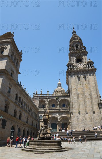 Historic cathedral with high bell tower on a lively square, cathedral, Fonte dos Cabalos, Fountain of the Horses, Praza das Praterías square, Santiago de Compostela, autonomous community of Galicia, place of pilgrimage, destination of the Way of St James, Spain, Europe