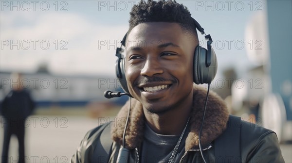 Young amitious african american male wearing his aviator pilot headset smiling at the airport, generatvie AI, AI generated