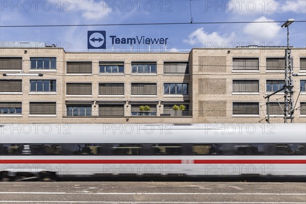TeamViewer Deutschland GmbH, software company. Company headquarters with logo at the main railway station with ICE. Göppingen, Baden-Württemberg, Germany, Europe