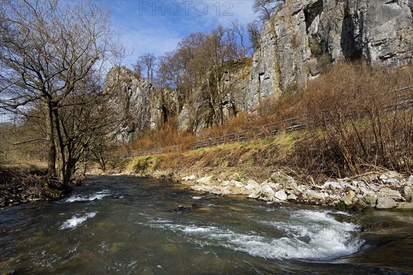 The river Hönne in front of the seven virgins in spring, Hönnetal, Balve, Märkisches Sauerland, North Rhine-Westphalia, Germany, Europe