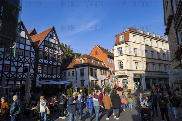 The Krämerbrücke is the oldest secular building in Erfurt and is one of the city's most famous landmarks, with half-timbered houses on both sides of the bridge. It is the longest bridge in Europe with houses on both sides, Erfurt, Thuringia, Germany, Europe