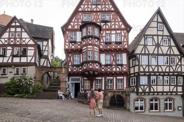 Miltenberg market square with magnificent half-timbered houses, Schnatterloch. The ensemble is one of the most photographed motifs in Germany, postcard motif. Miltenberg, Lower Franconia, Bavaria, Germany, Europe