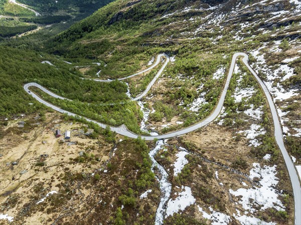 Serpentines of the Gaularfjell mountain crossing, aerial view, national tourist route north of Balestrand, Norway, Europe