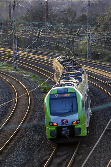 S-Bahn train on the tracks, railway layout, railway line west of the main station of Essen, North Rhine-Westphalia, Germany, Europe