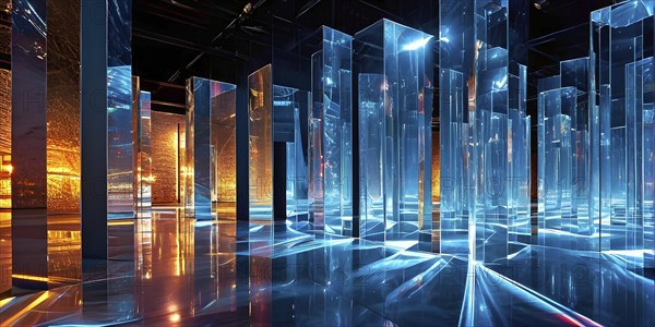 Reflective glass sculptures in abstract forms, AI generated